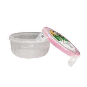 Envase de almacenamiento de alimentos con tapa rosa, ideal para cocina y organización.