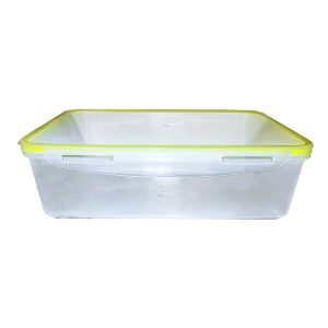 Recipiente de almacenamiento de plástico transparente con tapa, ideal para orden y conservación.