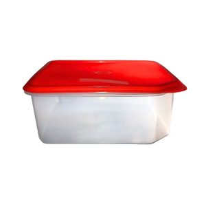 Contenedor de almacenamiento con tapa roja y base blanca, ideal para alimentos.