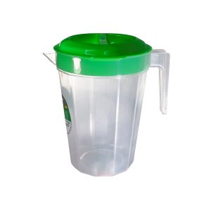 Botella de agua transparente con tapa verde y asa lateral para fácil manejo.