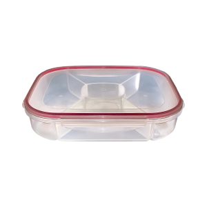 Cubo de almacenamiento de plástico con tapa hermética para alimentos.