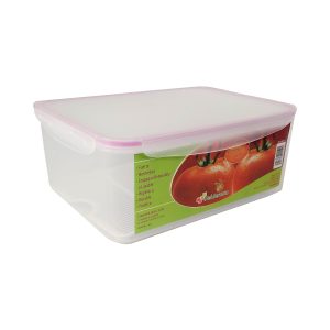 Cubo de plástico con tapa para almacenamiento de alimentos.