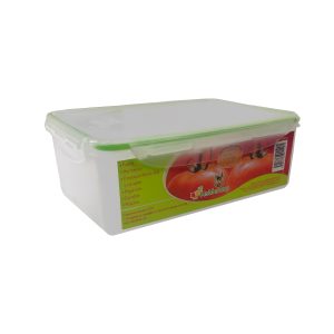 Contenedor de plástico con tapa hermética para almacenamiento de alimentos.