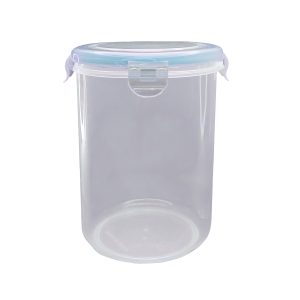 Contenedor de plástico transparente con tapa de cierre hermético.