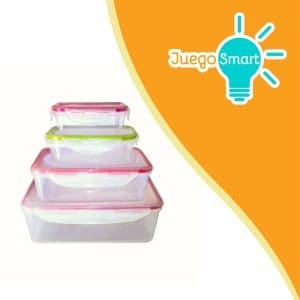 Contenedores de almacenamiento de alimentos con tapas de colores, perfectos para organización en la cocina.