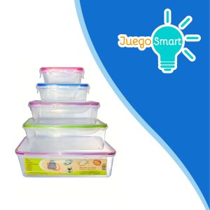 Recipientes de almacenamiento de plástico con cierre hermético y diferentes tamaños, ideales para organizar la cocina.