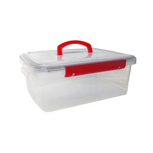Contenedor de almacenamiento plástico transparente con tapa y asas rojas.