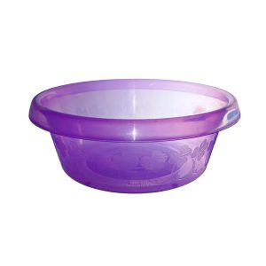 Contenedor de plástico morado con diseño de flores, ideal para almacenamiento y organización.