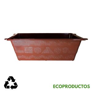 Recipiente de barro decorativo con motivos ancestrales para jardinería y decoración ecológica.