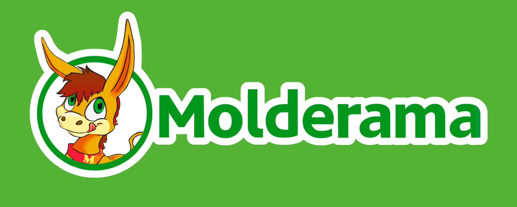 Dibujo del logotipo de Molderama con un personaje de burro en fondo verde.
