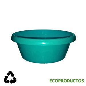 Recipiente plástico para jardinería de color verde azulado.