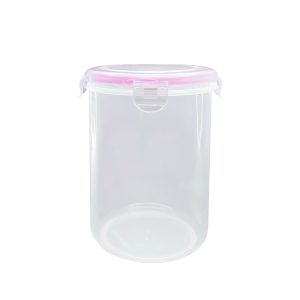 Contenedor de almacenamiento transparente con tapa rosa para alimentos y dulces.