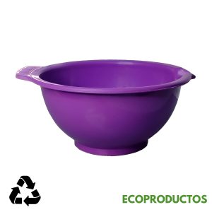 Vasija de plástico morada para moldes y alimentos, resistente y durable.