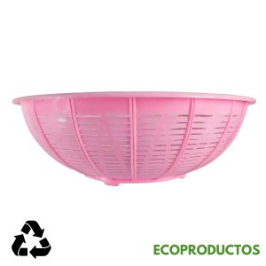 Cesta de plástico rosa para verduras y frutas, ecológica y reciclable.