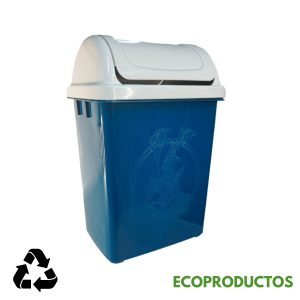 Contenedor de basura de ecoplastico con tapa abatible, ideal para residuos reciclables y gestión ecológica.