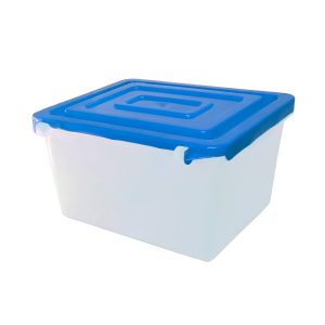 Contenedor de almacenamiento con tapa azul para organización y almacenaje.