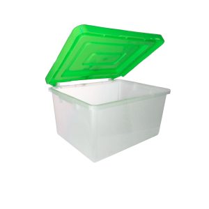 Contenedor de almacenamiento de plástico con tapa verde para organización y archivos.