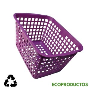 Vasija de plástico morada, cesta de almacenamiento reciclable para uso doméstico y comercial.