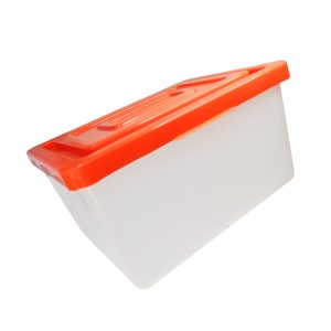 Contenedor de almacenamiento de plástico con tapa roja para organización y protección.