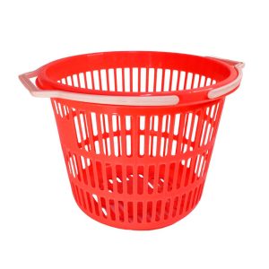 Cubeta de plástico roja para almacenamiento y organización.