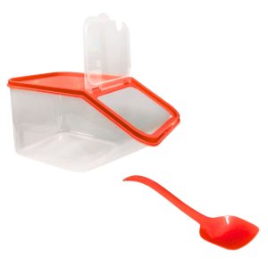 Recipiente de almacenamiento y cuchara para helados, color rojo y plástico, ideal para heladerías y postres.