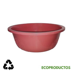Vasija de plástico rosada con diseño floral, idónea para jardinería y decoración ecológica.