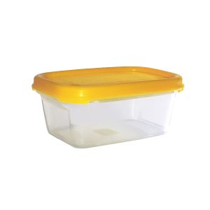 Recipiente de almacenamiento de alimentos con tapa amarilla transparente.