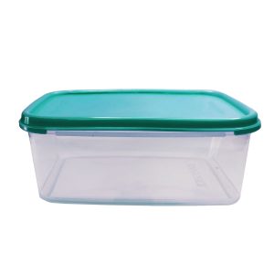 Recipiente de almacenamiento de plástico con tapa verde.