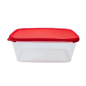 Cubo de plástico con tapa roja para almacenamiento de alimentos en la cocina.