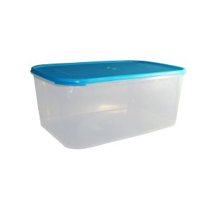 Contenedor de almacenamiento plástico con tapa azul para alimentos y objetos.