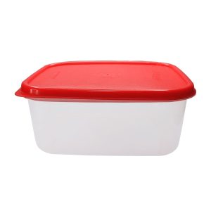 Contenedor de plástico con tapa roja para alimentos.