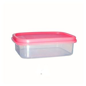 Contenedor de plástico con tapa rosa para almacenamiento de alimentos.
