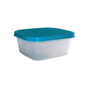 Caja de almacenamiento molderama con tapa azul y base blanca, ideal para organizar y guardar alimentos y artículos en hogar o oficina.