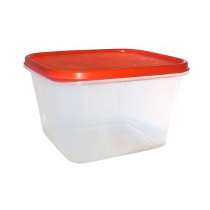Contenedor de plástico con tapa roja, almacenamiento seguro y duradero.