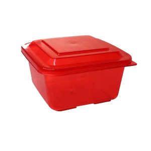 Contenedor de almacenamiento de plástico rojo, resistente y con tapa hermética.
