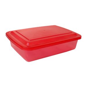 Cubo de plástico rojo para almacenamiento.