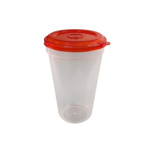 Vasito de plástico con tapa roja, ideal para almacenamiento y smoothies.
