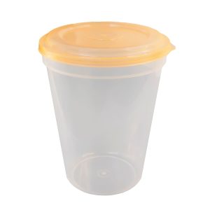 Envase de plástico con tapa para almacenamiento de alimentos.