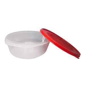 Cubeta de plástico con tapa flexible roja para almacenamiento y cocina.