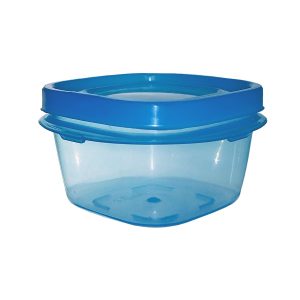Cubeta de plástico transparente con tapa azul para almacenamiento y organización.