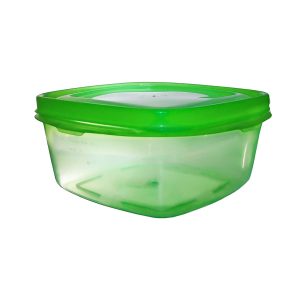 Contenedor de plástico para almacenamiento con tapa verde, ideal para cocina o oficina.