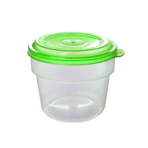 Recipiente de plástico con tapa de cierre hermético, ideal para almacenamiento de alimentos.