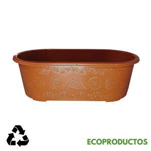 Vasija de plástico decorativa con símbolos ancestrales y diseño ecológico.